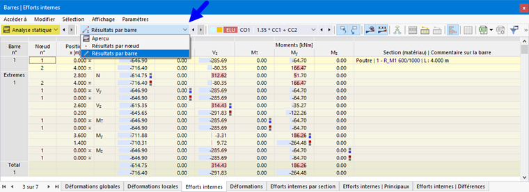 Affichage des résultats pour les barres avec des torons dans un tableau. Support de la sélection spécifique à partir des résultats.