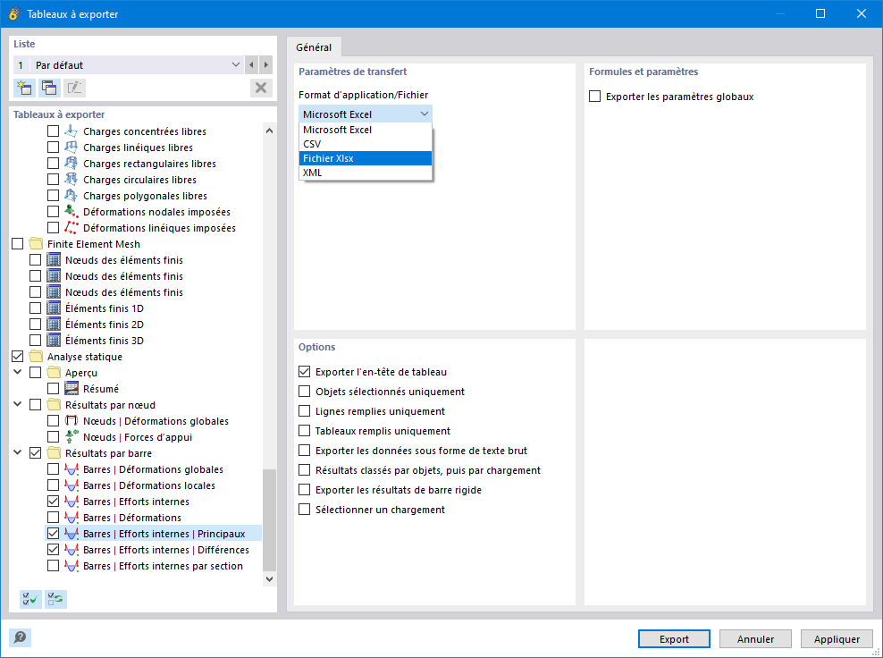 Exportation des résultats de la précontrainte vers un fichier XLSX.