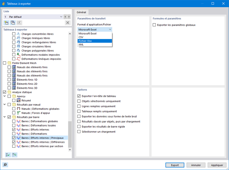 Exportation des résultats de la précontrainte vers un fichier XLSX.