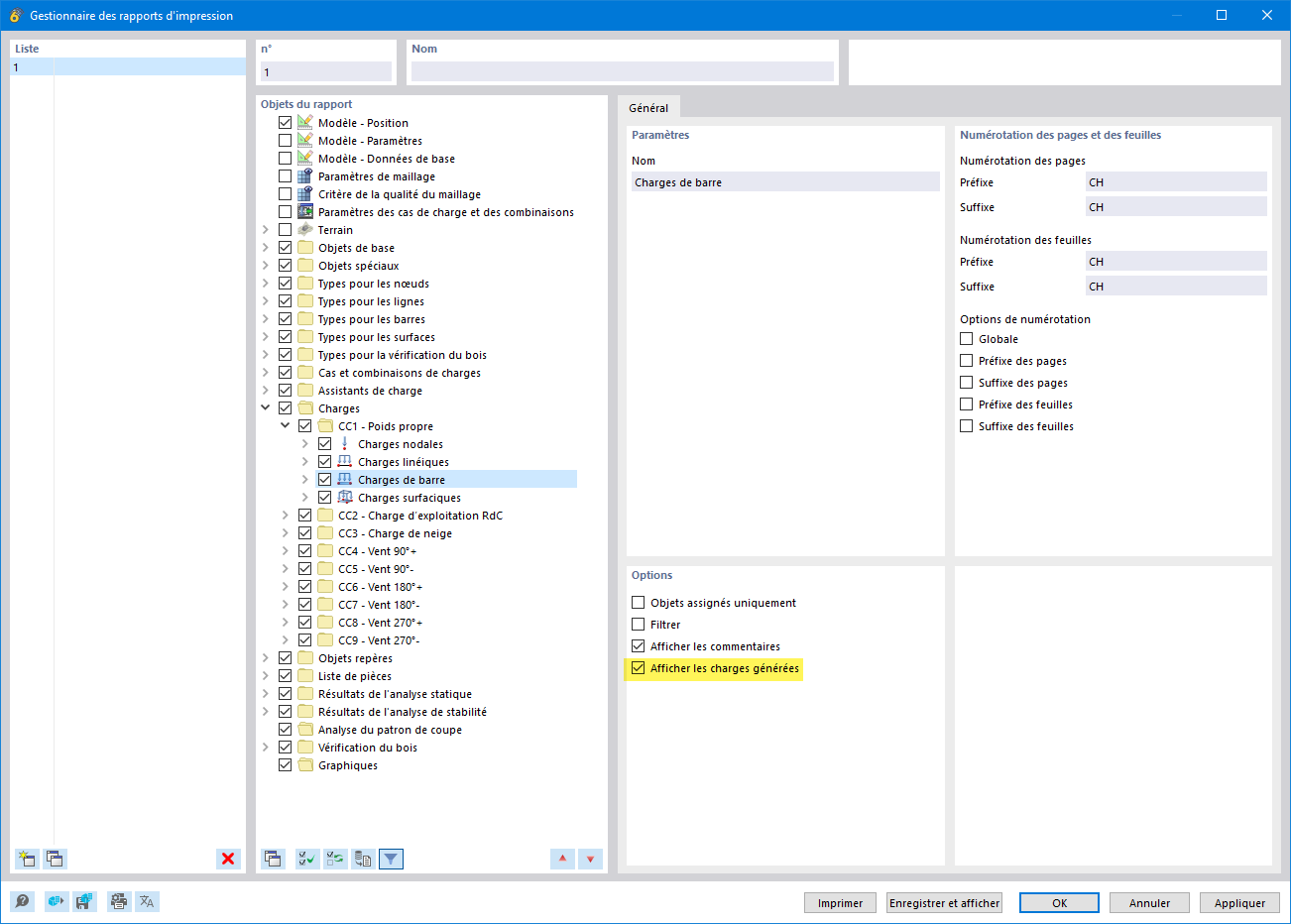 Fonction permettant d’afficher les charges générées en vue détaillée.