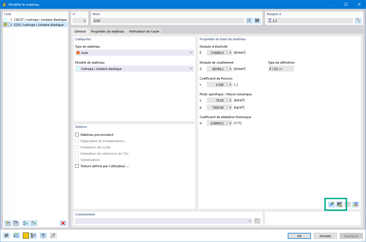 Interface graphique pour entrer des données de matériaux personnalisés dans un logiciel de calcul de structure