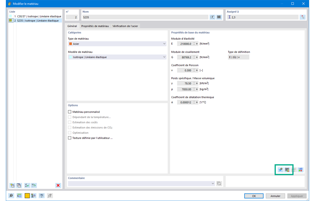 Interface graphique pour entrer des données de matériaux personnalisés dans un logiciel de calcul de structure