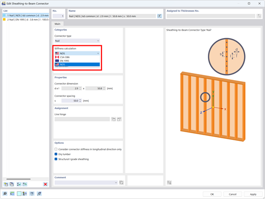 L’image illustre les normes EN 1995, NDS, CSA O86 pour les calculs de rendement des clous dans les panneaux de poutre, en utilisant des articulations linéiques non linéaires.