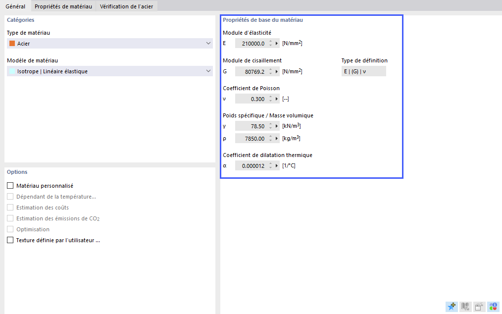 Section « Propriétés de base du matériau »