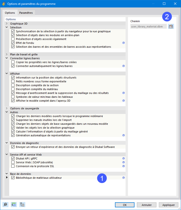 Vérification de l’emplacement de la bibliothèque de matériaux définis par l’utilisateur