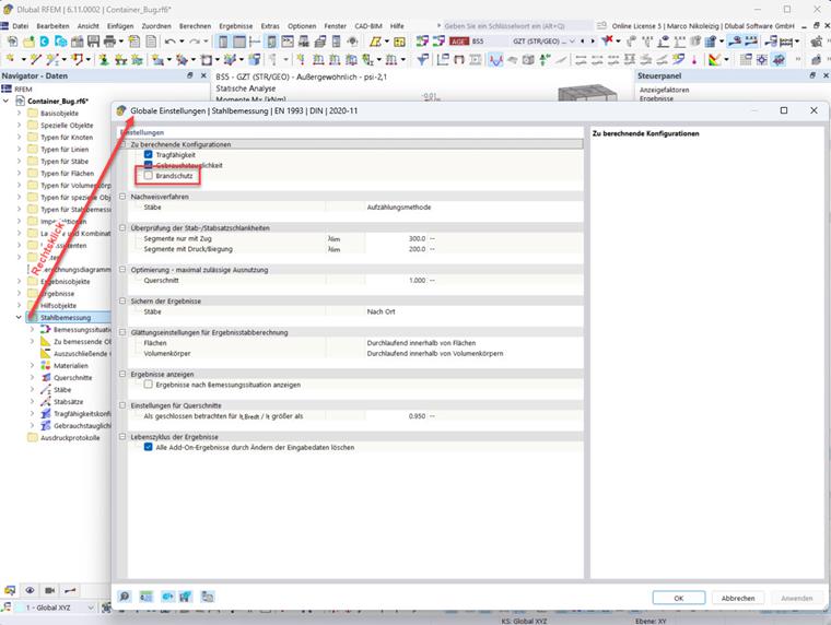 Les paramètres globaux pour la vérification de l’acier sont affichés pour ajuster les paramètres.