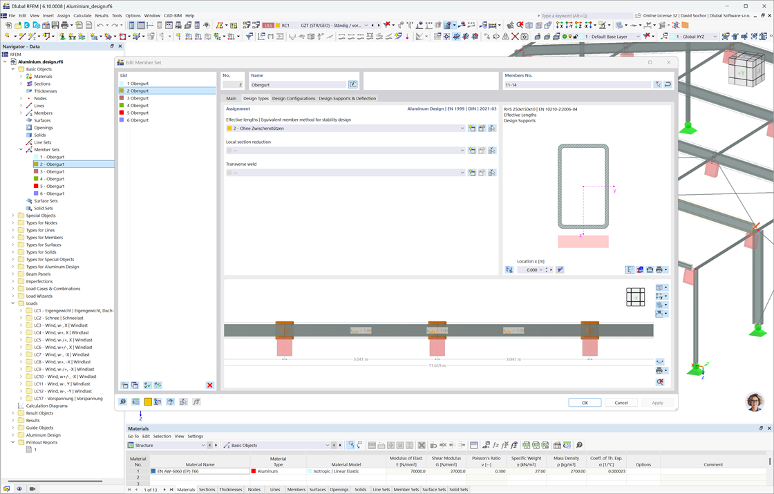 Boite de dialogue RFEM 6 pour la modification des ensembles de barres en aluminium, concentrée sur la résistance, la stabilité et les vérifications de section.