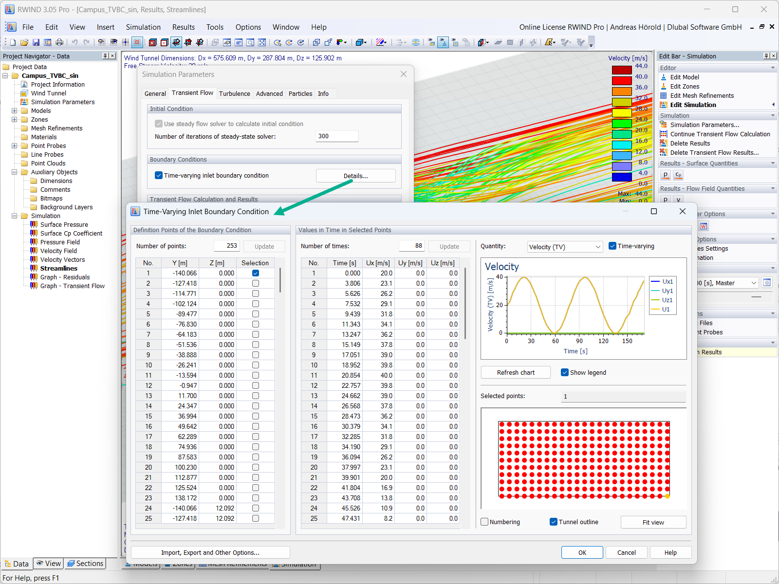 Simulation avec condition aux limites transitoire à l’entrée de la soufflerie pour définir des vitesses de vent variables à plusieurs points.