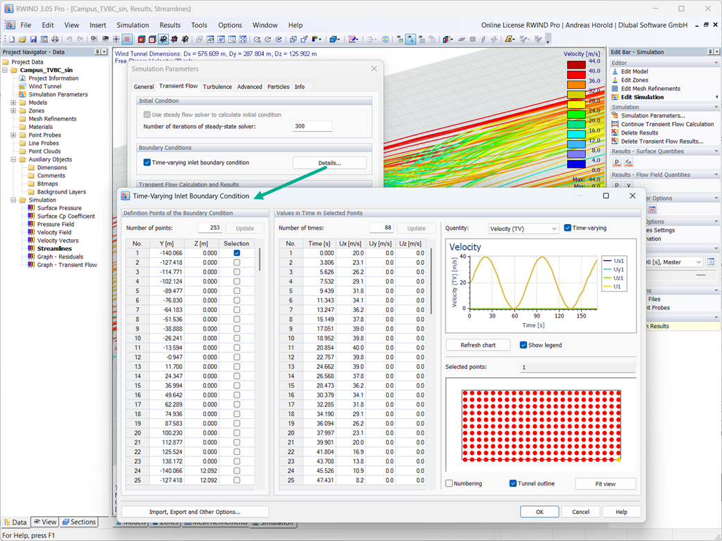 Simulation avec condition aux limites transitoire à l’entrée de la soufflerie pour définir des vitesses de vent variables à plusieurs points.