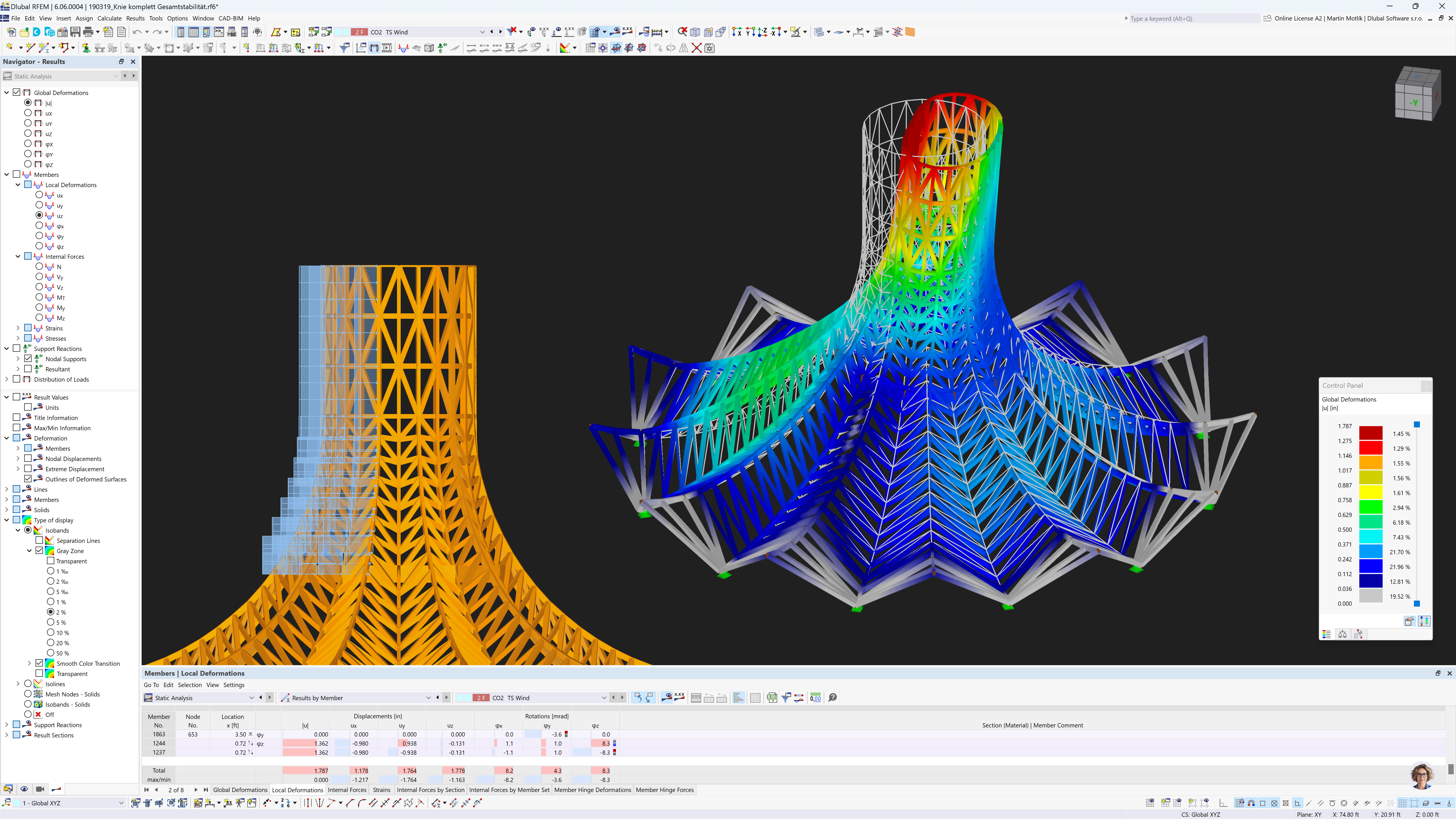 Analyse globale des déformations d’une structure en bois sous charge de vent selon les normes EC 5, réalisée dans RFEM 6 pour le Chapiteau magique de Knie, Rapperswil, Suisse. © Ghisleni Partner AG
