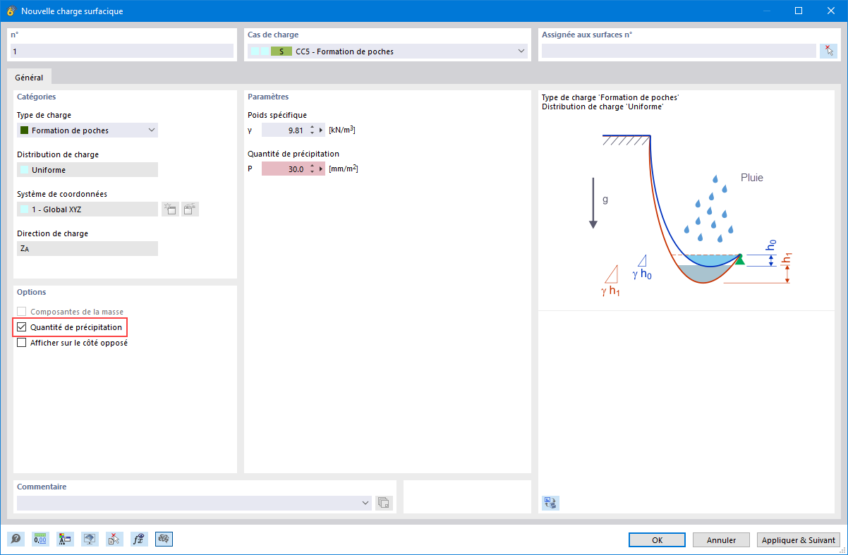 La boîte de dialogue RFEM 6 permet aux ingénieurs de définir les paramètres pour les charges dues à la formation de poches d’eau, essentielles pour modéliser avec précision les scénarios liés aux précipitations.