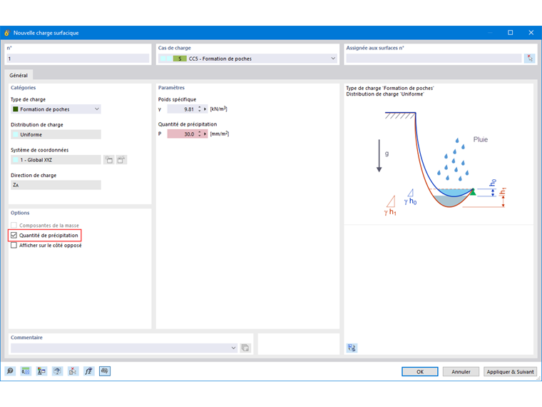 La boîte de dialogue RFEM 6 permet aux ingénieurs de définir les paramètres pour les charges dues à la formation de poches d’eau, essentielles pour modéliser avec précision les scénarios liés aux précipitations.