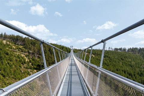 Vue du pont suspendu pour piétons le plus long du monde à Dolní Morava, conçu par TAROS NOVA, a.s. et analysé avec RFEM 5.