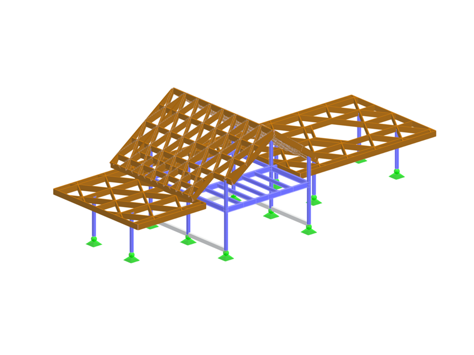 Vue détaillée d’une structure de toiture en bois à treillis et poutre en treillis.