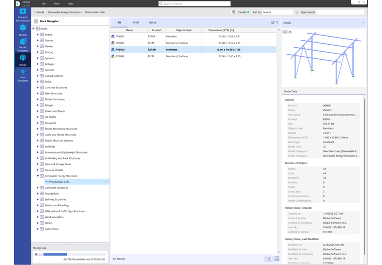 Centre Dlubal dans RFEM 6 montrant la gestion des projets, des données clients et des modèles disponibles.