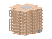 Modèle RFEM illustrant la conception structurelle des tours résidentielles modulaires Heimdalsporten à Trondheim dans une disposition technique claire.