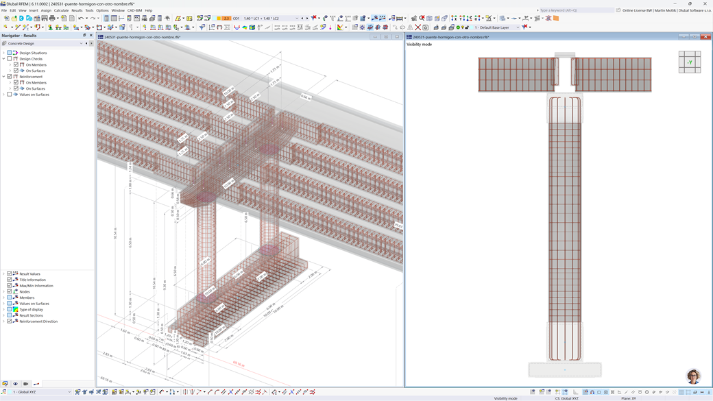 Affichage dans RFEM 6 d’un pont en béton armé montrant une disposition détaillée des armatures avec le module complémentaire Vérification du béton actif.