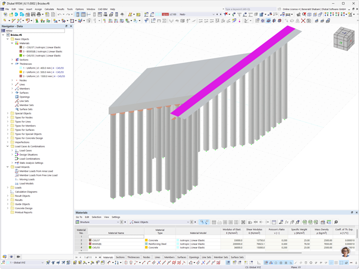 Pont intégral de Ludwigslust visualisé en tant que modèle RFEM, montré dans une vue structurelle.