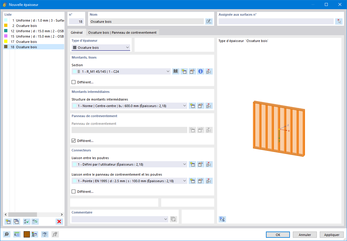 Boite de dialogue « Nouvelle épaisseur », Type d’épaisseur « Ossature bois »