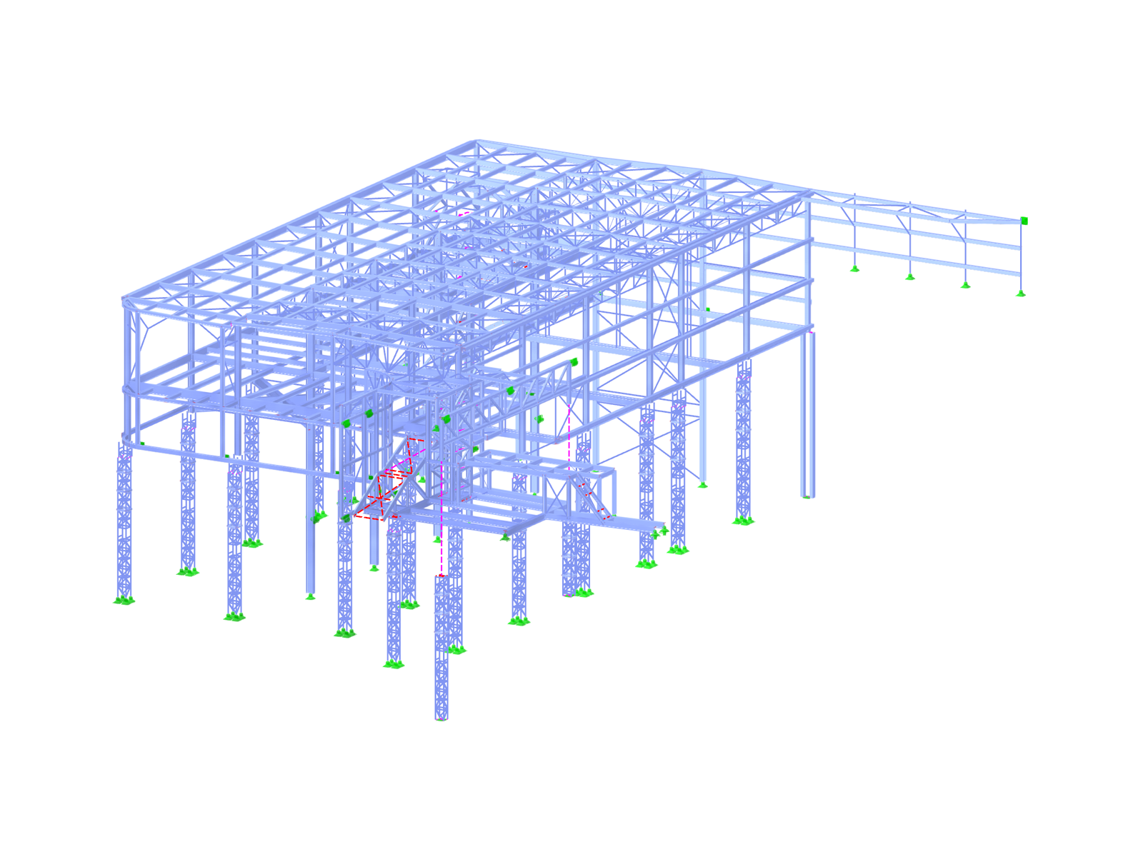 Structure de toiture de salles de cinéma du centre Černý Most à l’aide de poutres tridimensionnelles et de poutres pleines.
