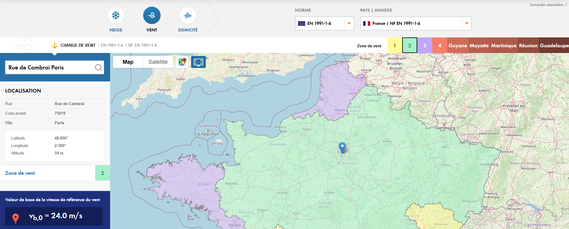 Interface de la carte de l’outil Geo-Zone affichant les données des zones de vent pour les emplacements de site avec des valeurs détaillées de vitesse et de pression du vent.