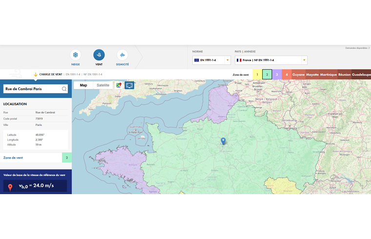 Interface de la carte de l’outil Geo-Zone affichant les données des zones de vent pour les emplacements de site avec des valeurs détaillées de vitesse et de pression du vent.