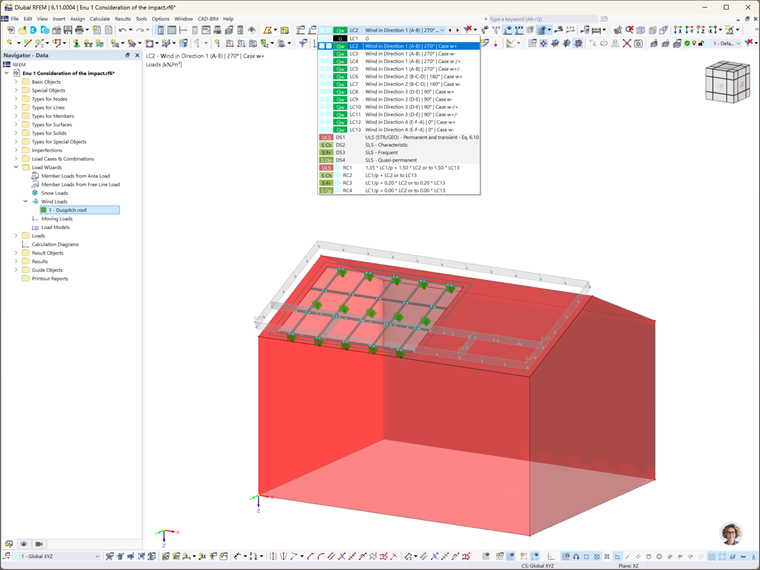Système photovoltaïque sur la toiture d’un bâtiment analysé avec RFEM 6 et l'assistant de charge de vent.