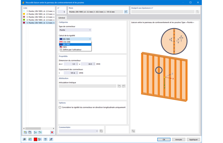 Boite de dialogue « Nouvelle liaison entre le panneau de contreventement et les poutres »
