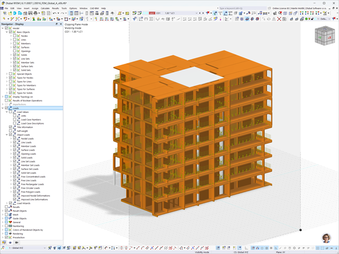 Section 3D du modèle du bâtiment Heimdalsporten le long de l’axe vertical avec le logiciel RFEM 6 par Ergodomus de Franco Piva.
