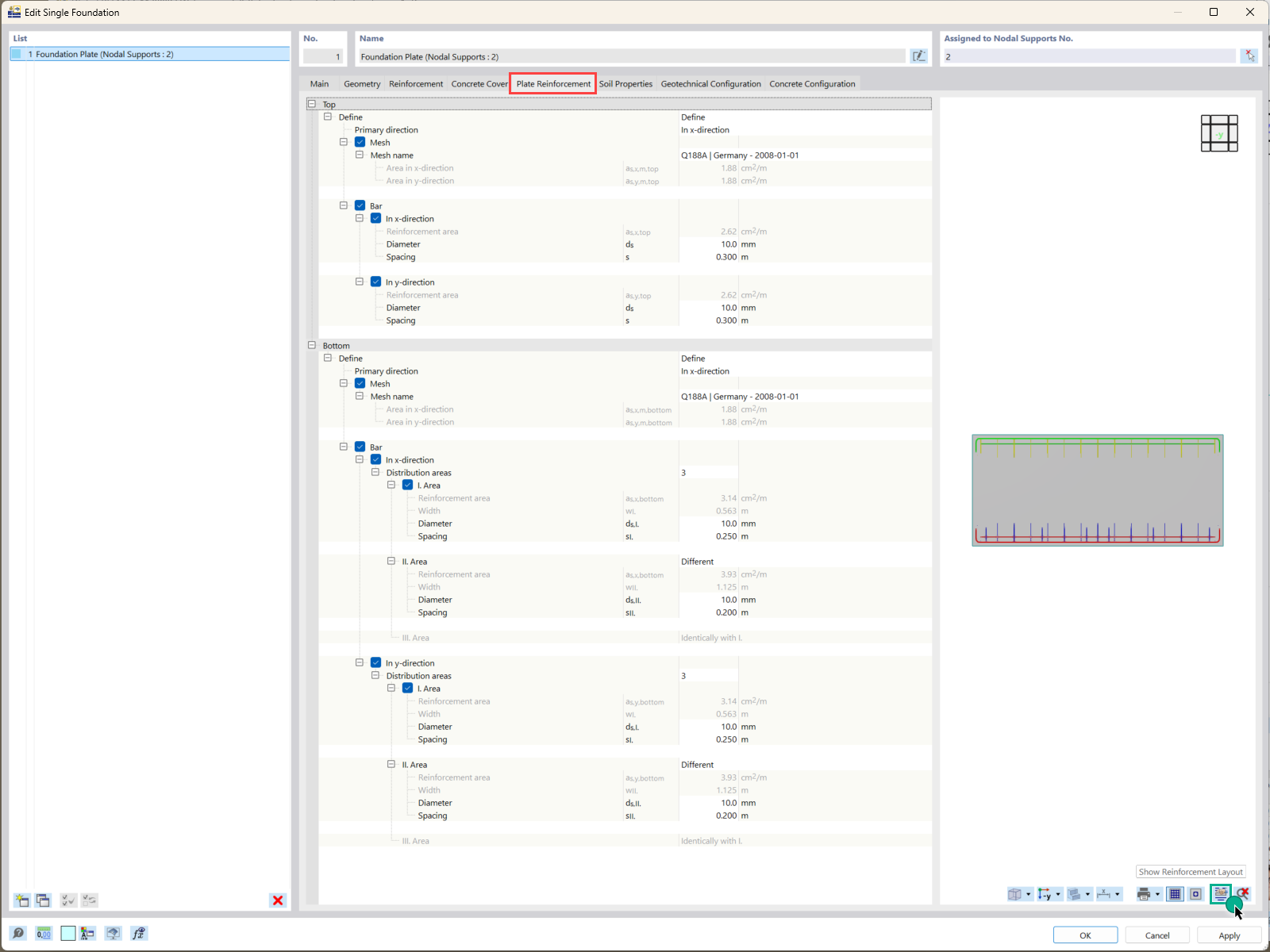 Détail des armatures pour une plaque de fondation dans l’application complémentaire Fondations en béton