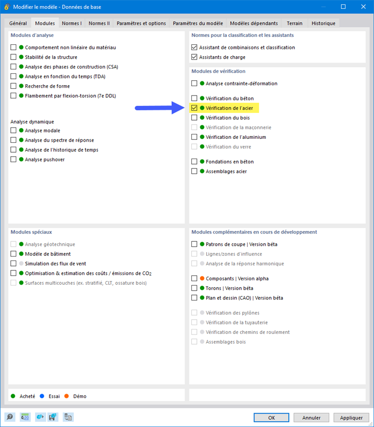 Activation du module complémentaire « Vérification de l’acier »