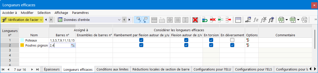 Attribution d’un type de longueur efficace pour la vérification de l’acier dans le tableau