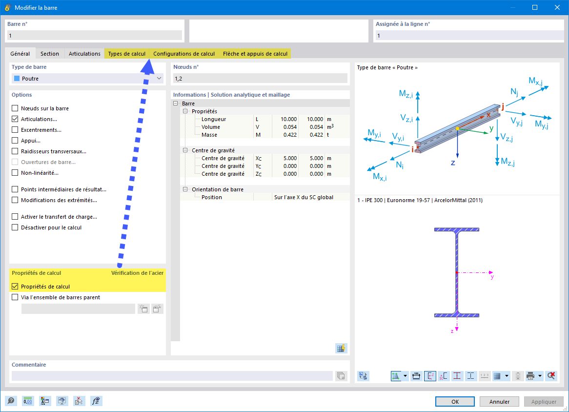 Activer les propriétés de calcul d’une barre