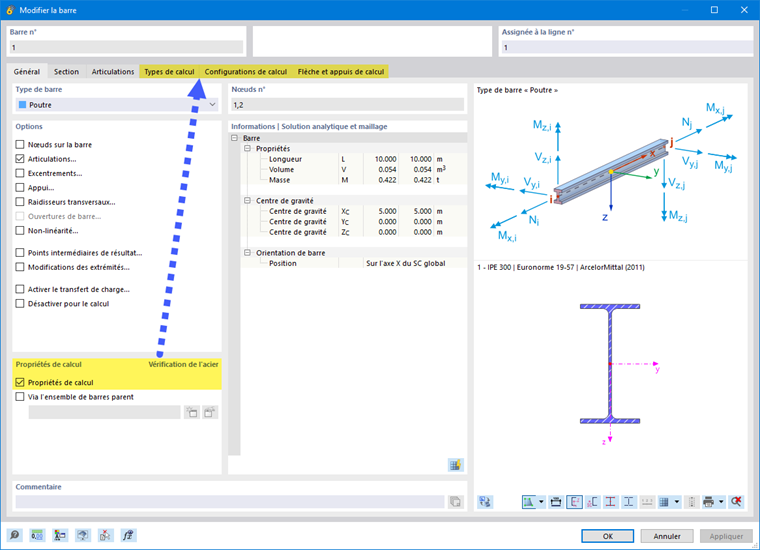 Activer les propriétés de calcul d’une barre