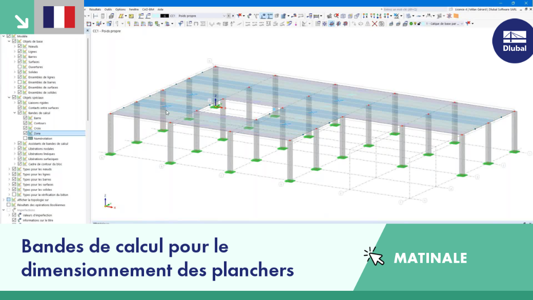 Bands de calcul pour le dimensionnement précis des planchers, affichant l'analyse des efforts internes selon les normes.