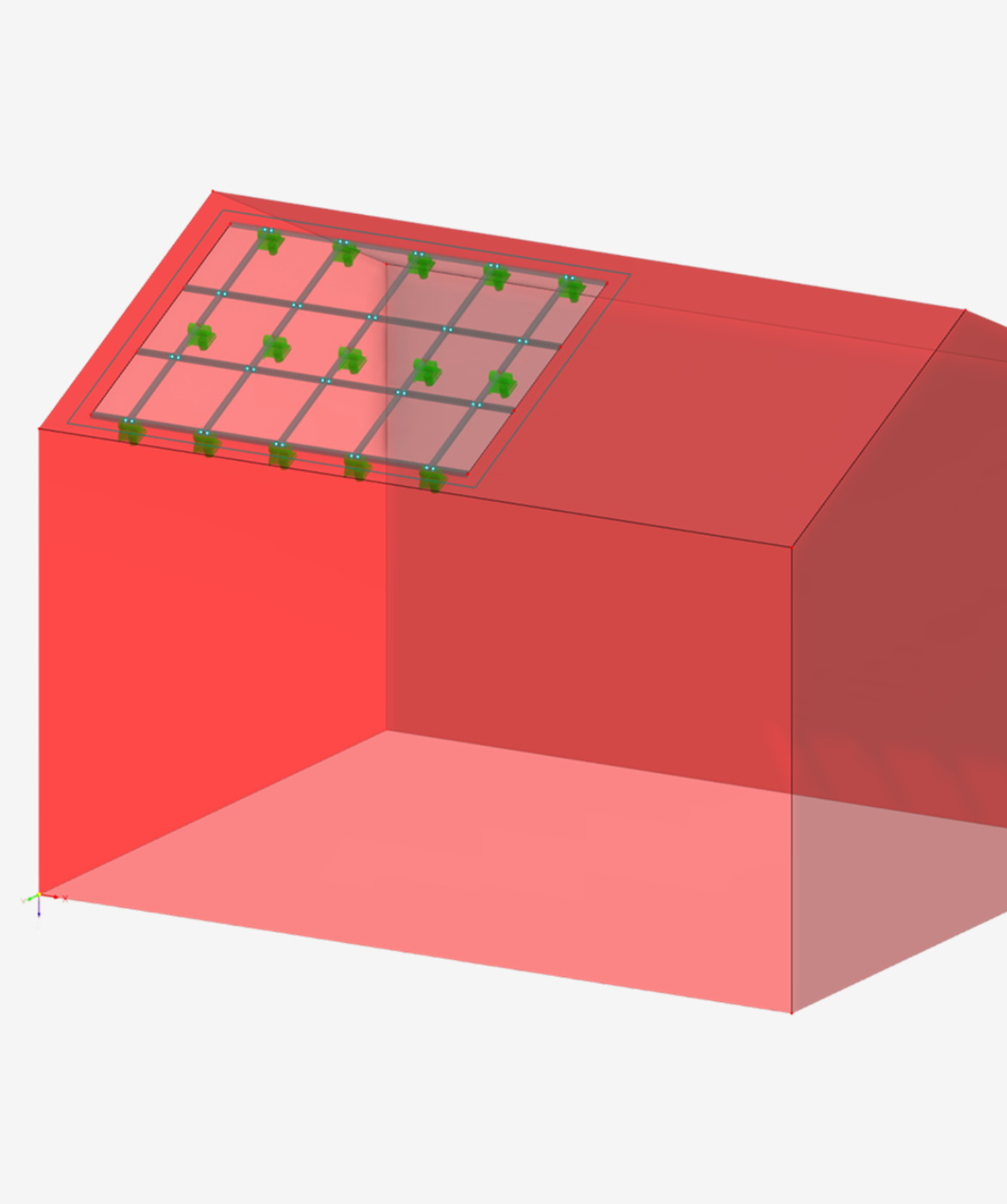 Simulation dans RFEM 6 affichant une analyse de charge de vent sur des systèmes photovoltaïques montés sur une toiture.