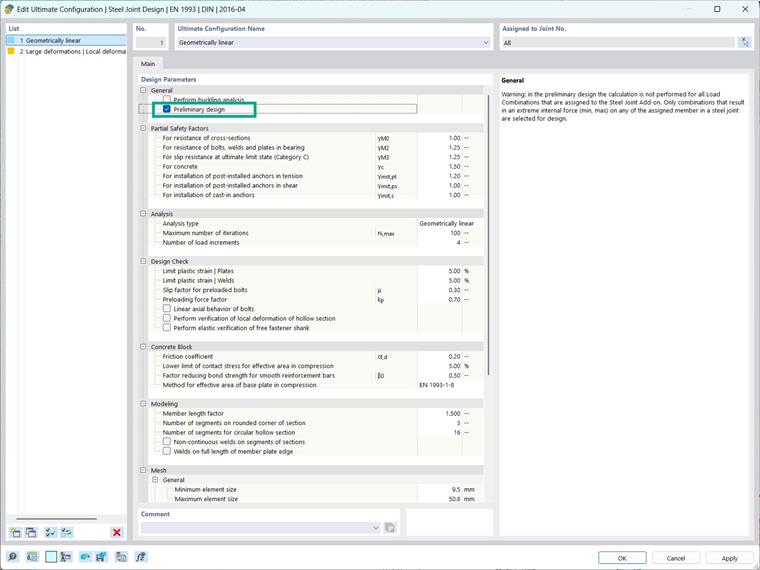 Option pour le « calcul préliminaire » des assemblages acier dans la configuration de résistance