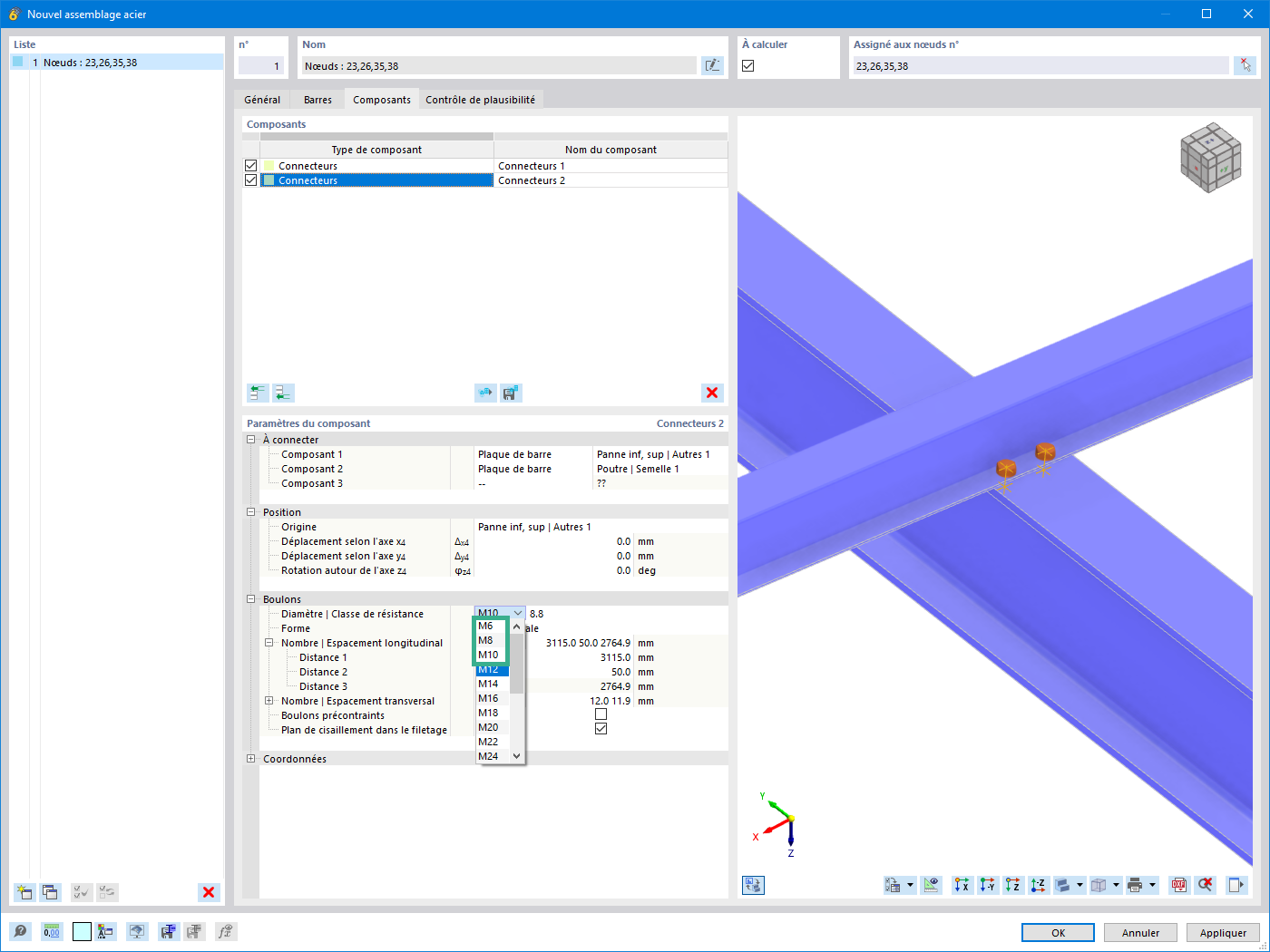 Diamètres de boulons étendus dans le module complémentaire Assemblages acier, de M6 à M64 disponibles