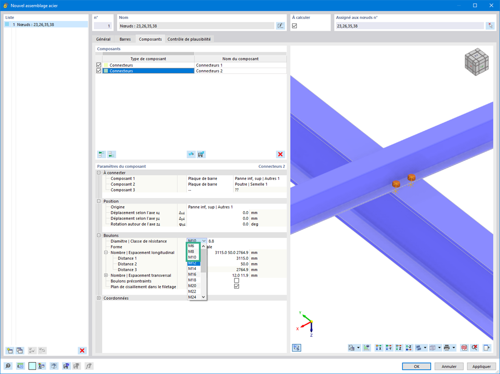 Diamètres de boulons étendus dans le module complémentaire Assemblages acier, de M6 à M64 disponibles