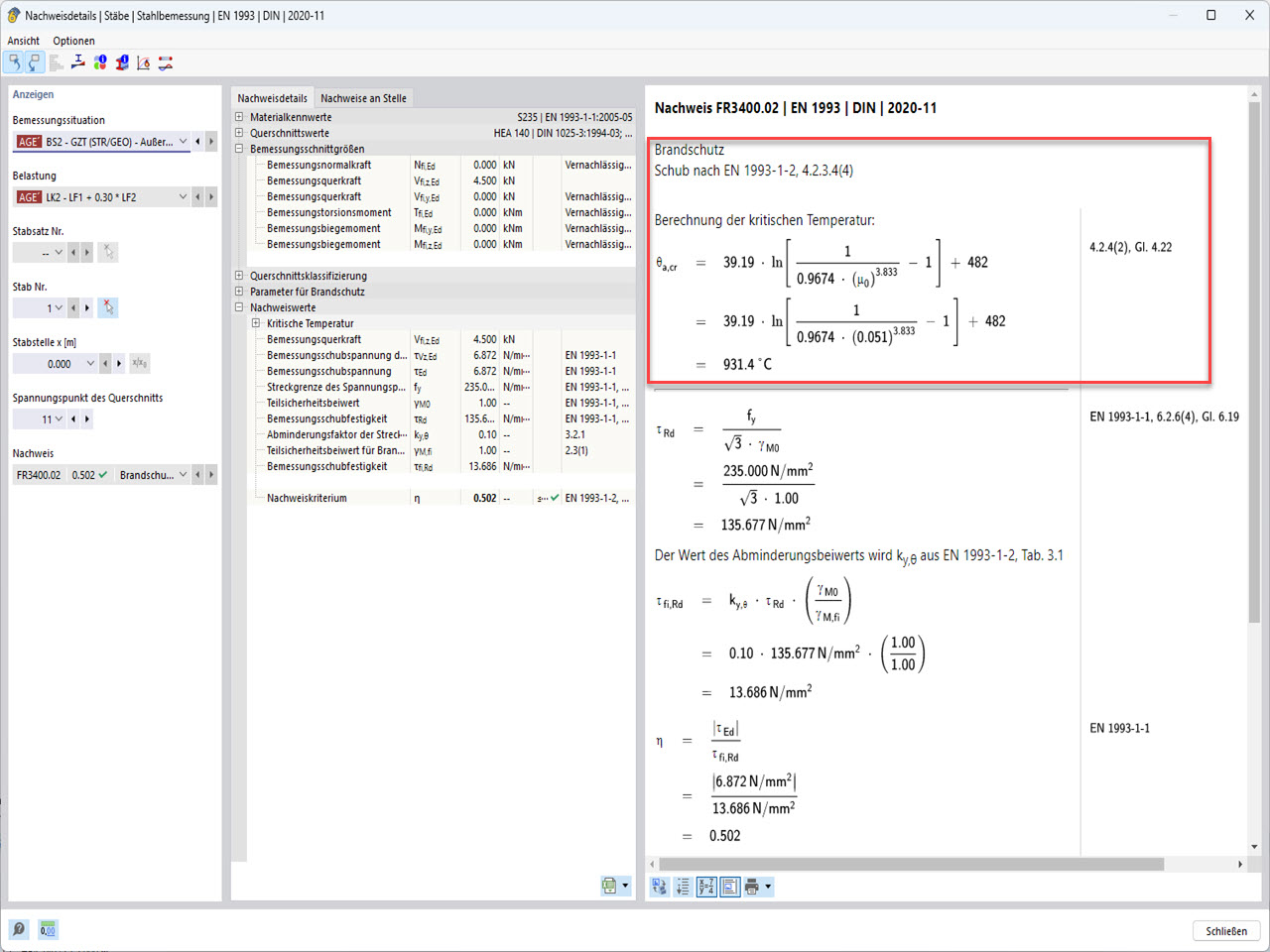 L’image montre les résultats dans RFEM 6 - Vérification de l’acier, Détail de vérification de la température critique des éléments.