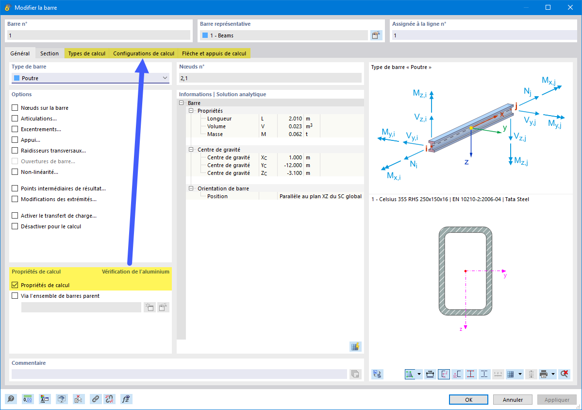 Activation des propriétés de calcul d’une barre