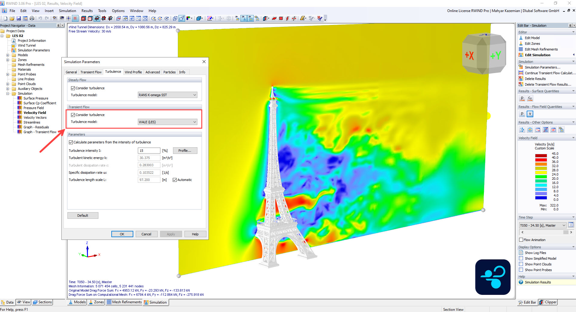 Simulation CFD transitoire dans RWIND Pro en utilisant le modèle de turbulence WALE (LES) – Champ de vitesse autour de la Tour Eiffel