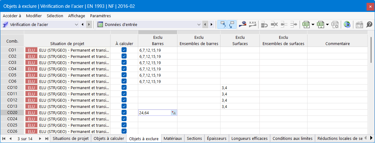 Tableau « Objets à exclure » pour la vérification de l’acier