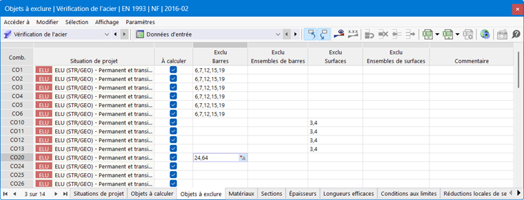 Tableau « Objets à exclure » pour la vérification de l’acier
