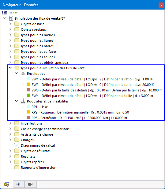 Vue de l’interface de RFEM 6 montrant le navigateur avec différents types de paramètres pour l'analyse de simulation des flux de vent.