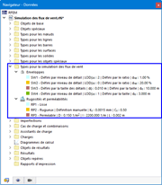 Vue de l’interface de RFEM 6 montrant le navigateur avec différents types de paramètres pour l'analyse de simulation des flux de vent.