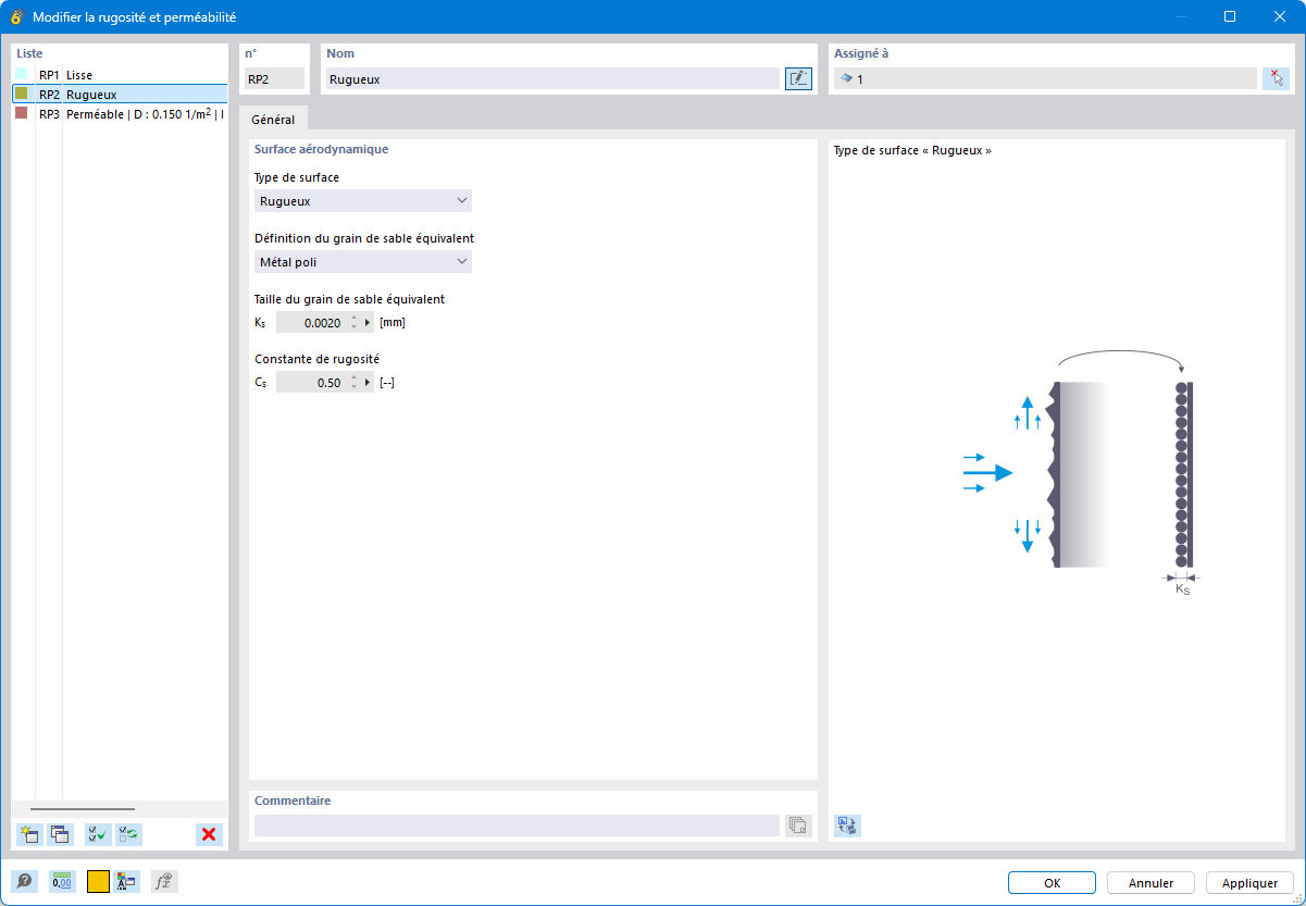 Boite de dialogue Modifier la rugosité et la perméabilité