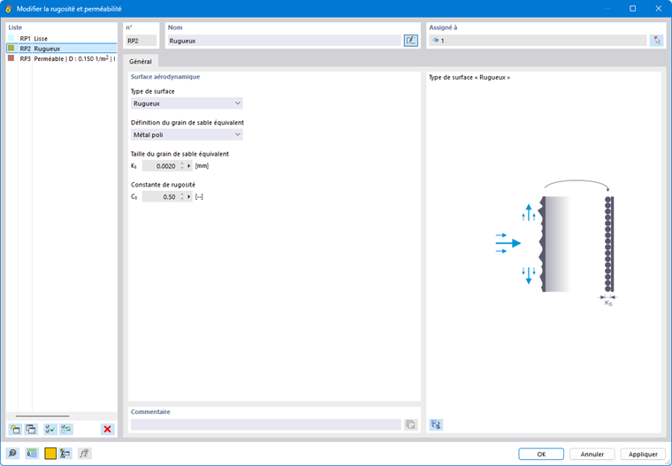 Boite de dialogue Modifier la rugosité et la perméabilité