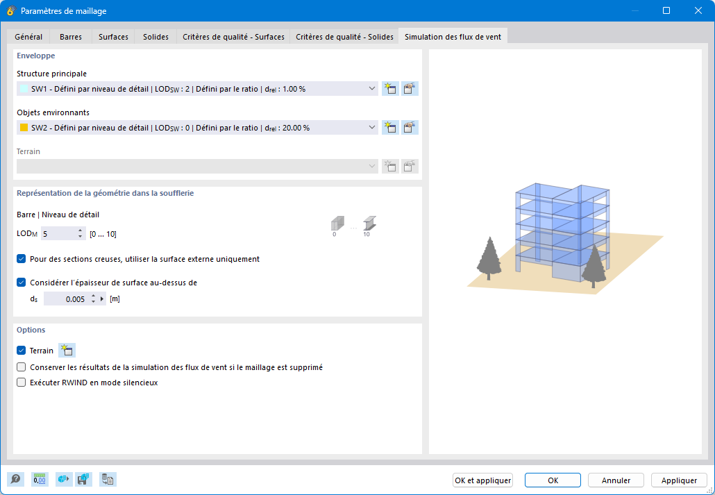 Boîte de dialogue « Paramètres de maillage », onglet « Simulation des flux de vent »