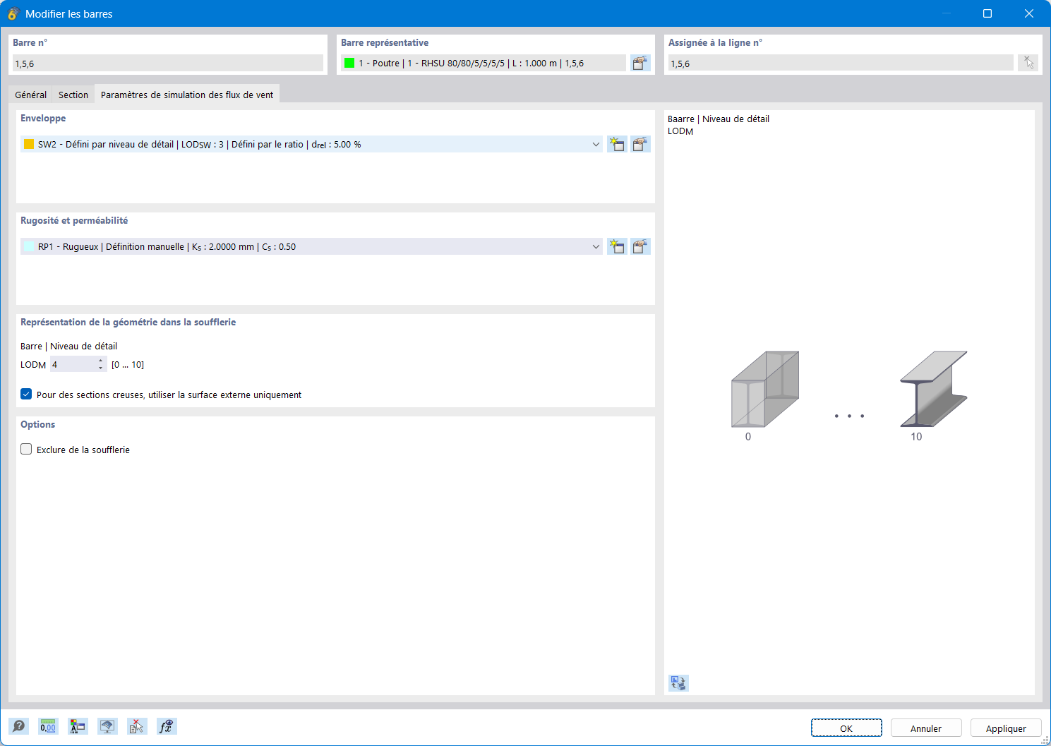 Onglet Paramètres spécifiques de simulation des flux de vent dans la boîte de dialogue Modifier la barre